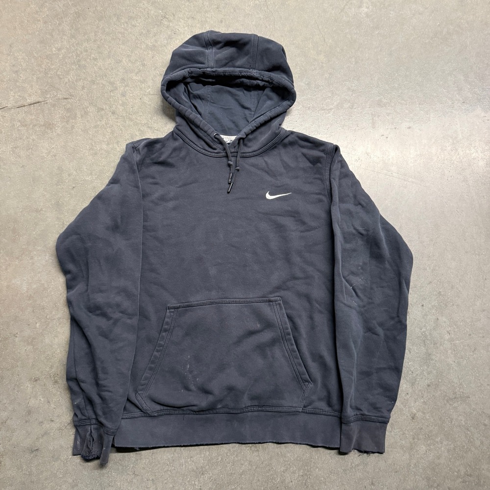 Nike Mens Pullover Hoodie Black Embroidered Swoosh Distressed Size Medium 4243